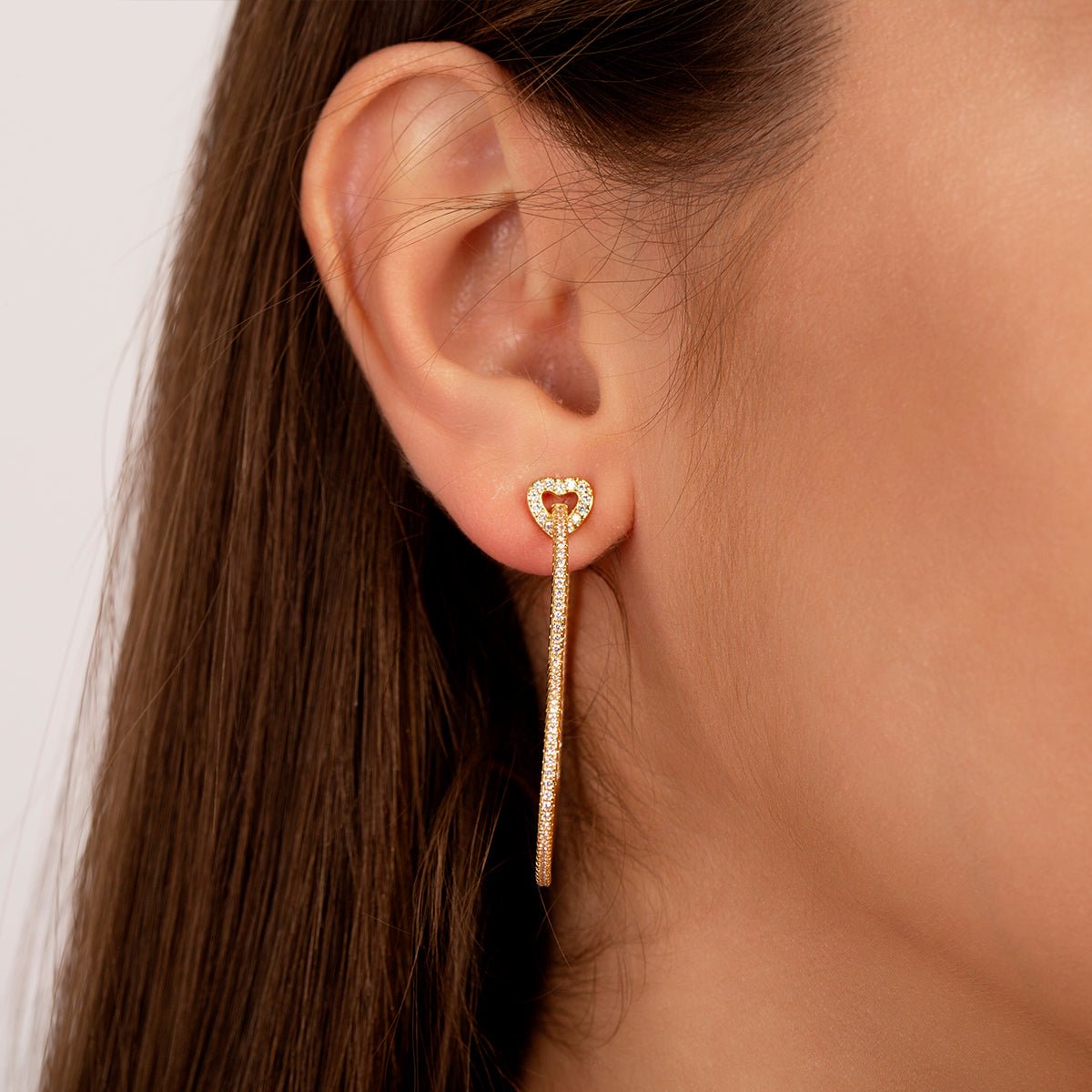 Gold Heart Top Elongated Hoop Earrings with Crystals - Earrings