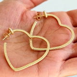 Gold Heart Top Elongated Hoop Earrings with Crystals - Earrings