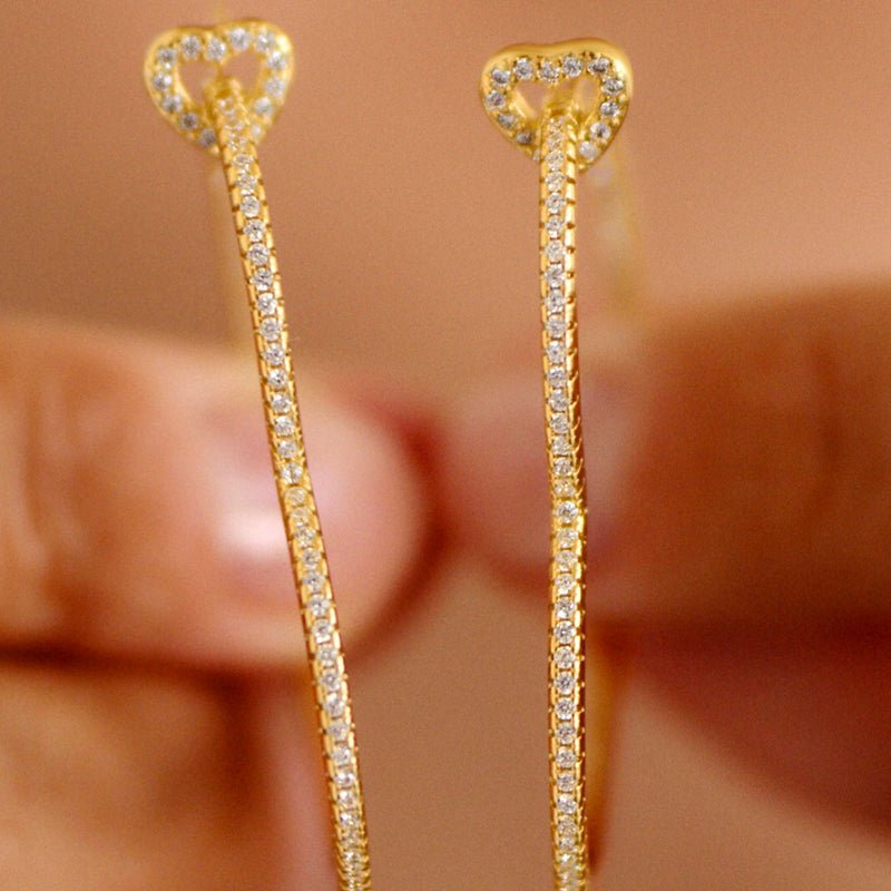 Gold Heart Top Elongated Hoop Earrings with Crystals - Earrings