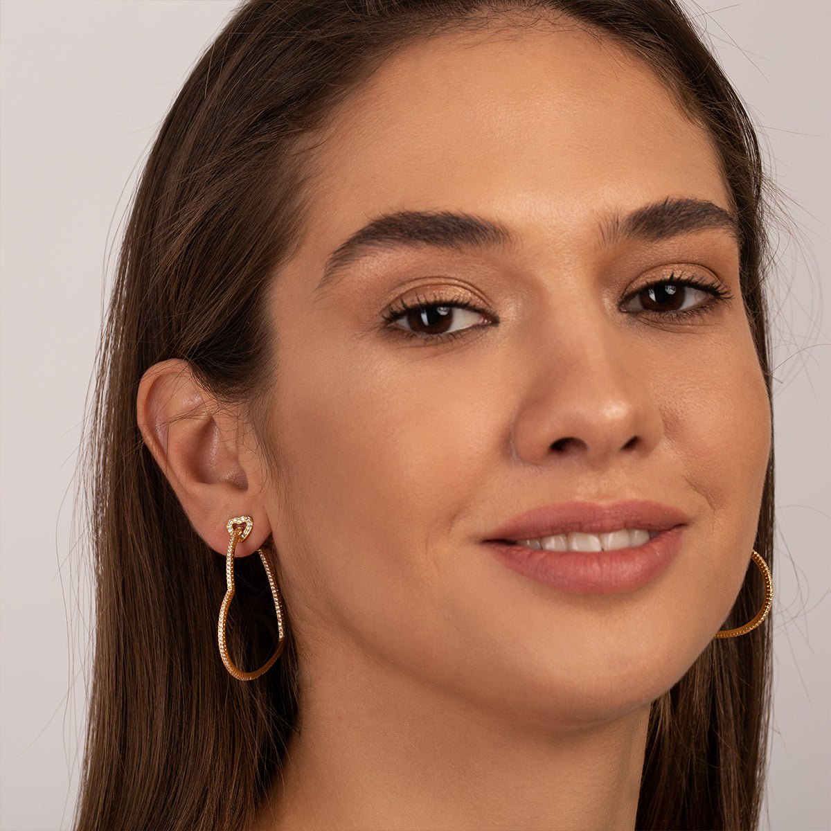 Gold Heart Top Elongated Hoop Earrings with Crystals - Earrings