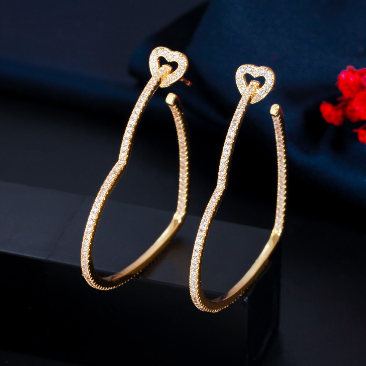 Gold Heart Top Elongated Hoop Earrings with Crystals - Earrings