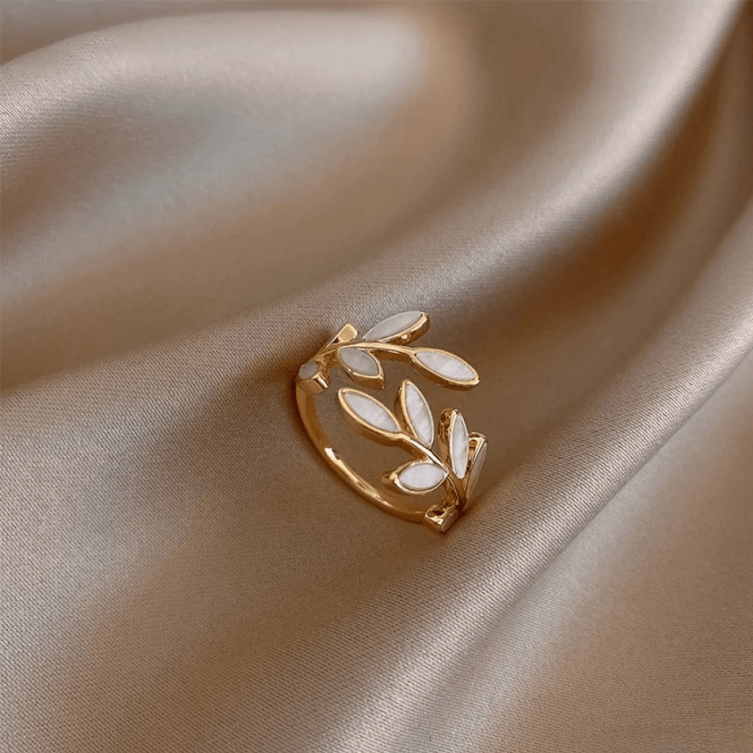 Gold Laurel Leaf Ring with White Inlay Detailing - Ring