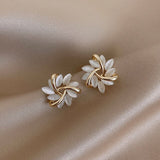 Gold Leaf & Pearl Floral Stud Earrings - Earrings