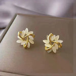 Gold Leaf & Pearl Floral Stud Earrings - Earrings