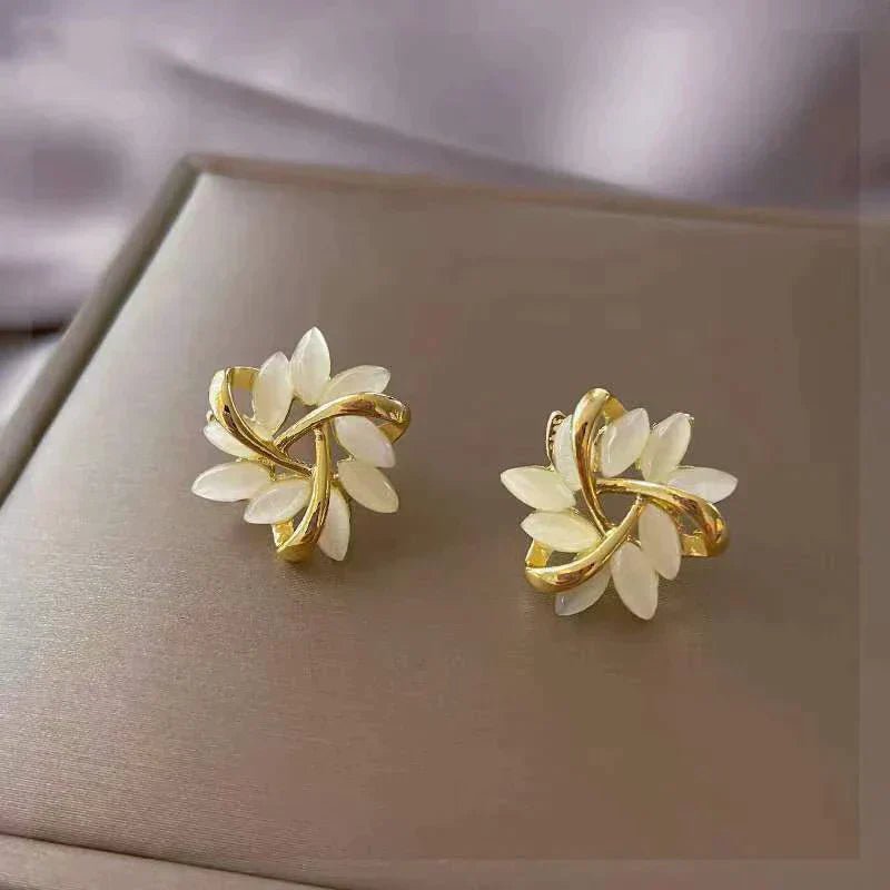 Gold Leaf & Pearl Floral Stud Earrings - Earrings