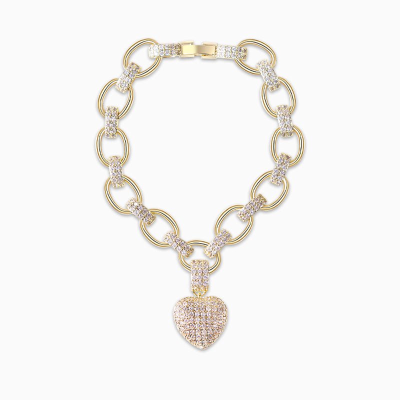 Gold Link Chain Necklace with Pavé Heart Pendant - Bracelets