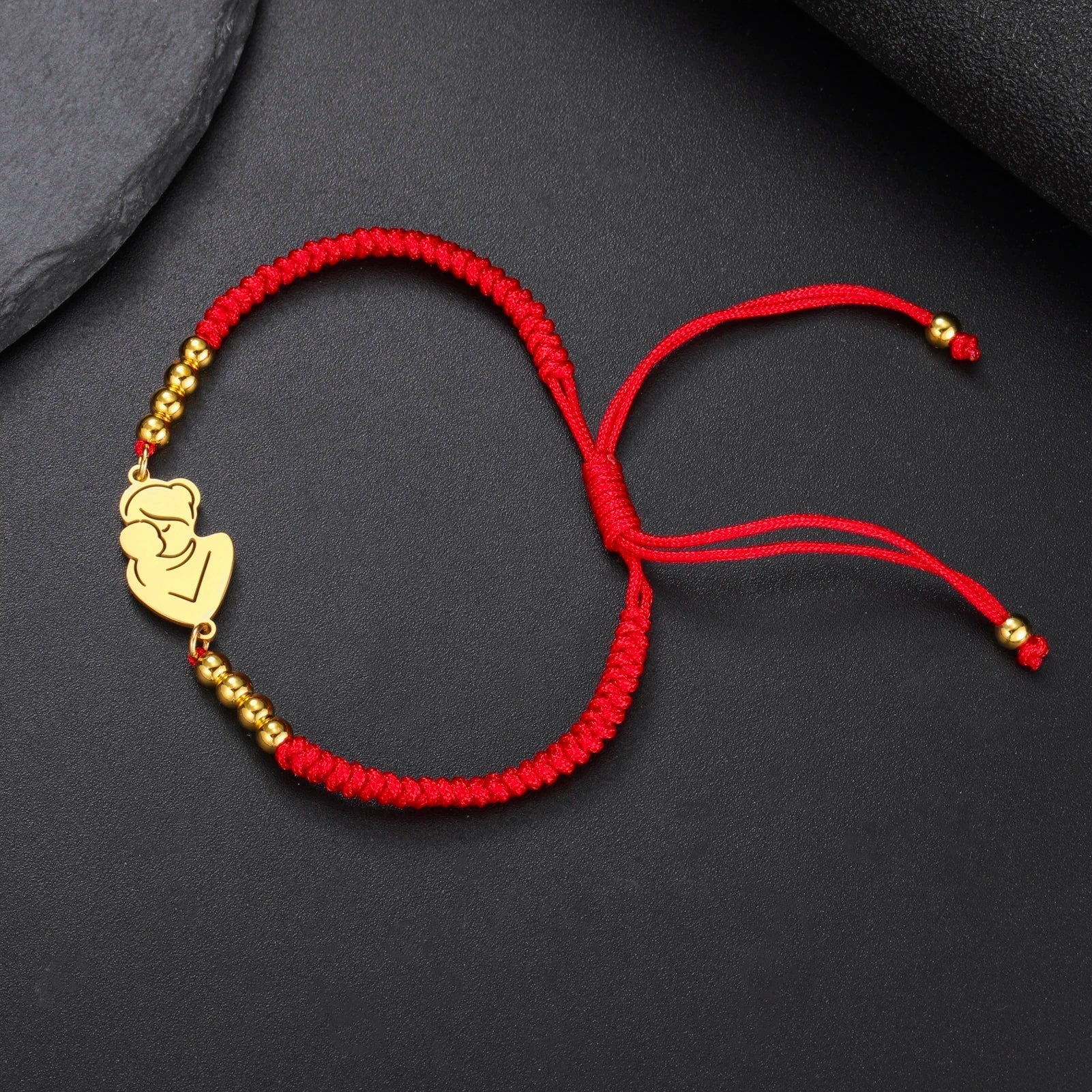 Gold Mother & Child Silhouette Bracelet – Adjustable Black Cord - Moederdag armbanden