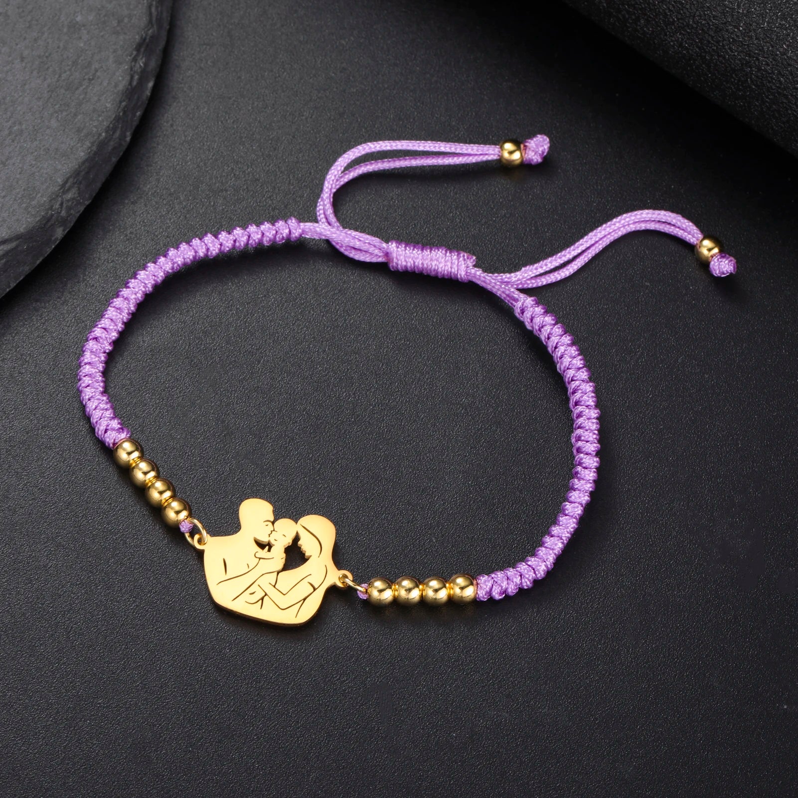 Gold Mother & Child Silhouette Bracelet – Adjustable Black Cord - Moederdag armbanden