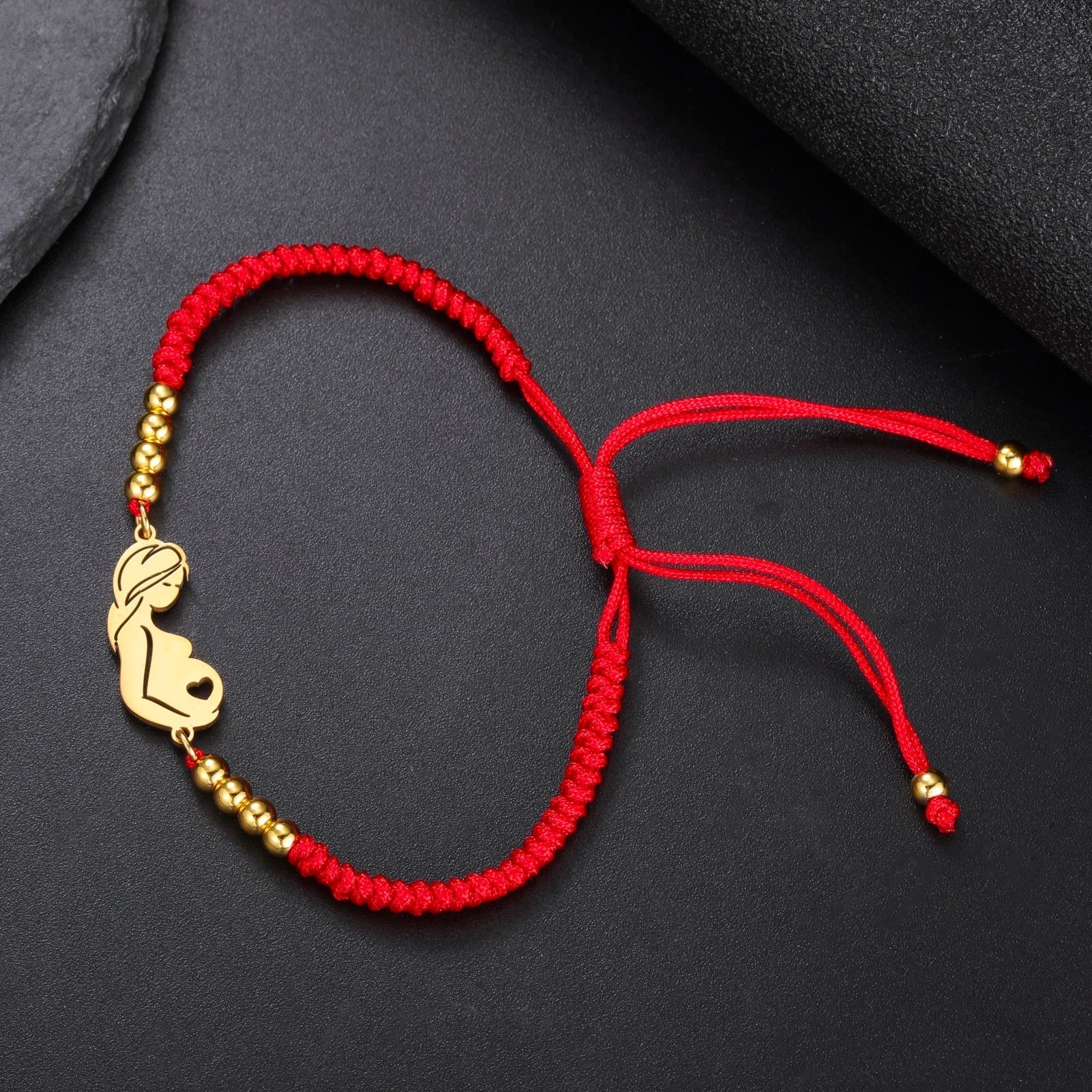 Gold Mother & Child Silhouette Bracelet – Adjustable Black Cord - Moederdag armbanden