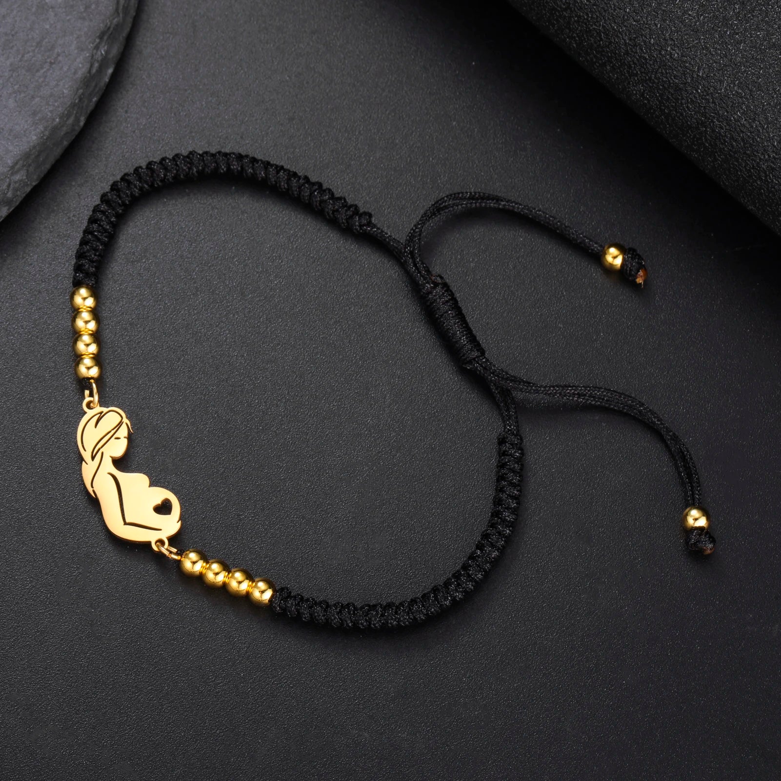 Gold Mother & Child Silhouette Bracelet – Adjustable Black Cord - Moederdag armbanden