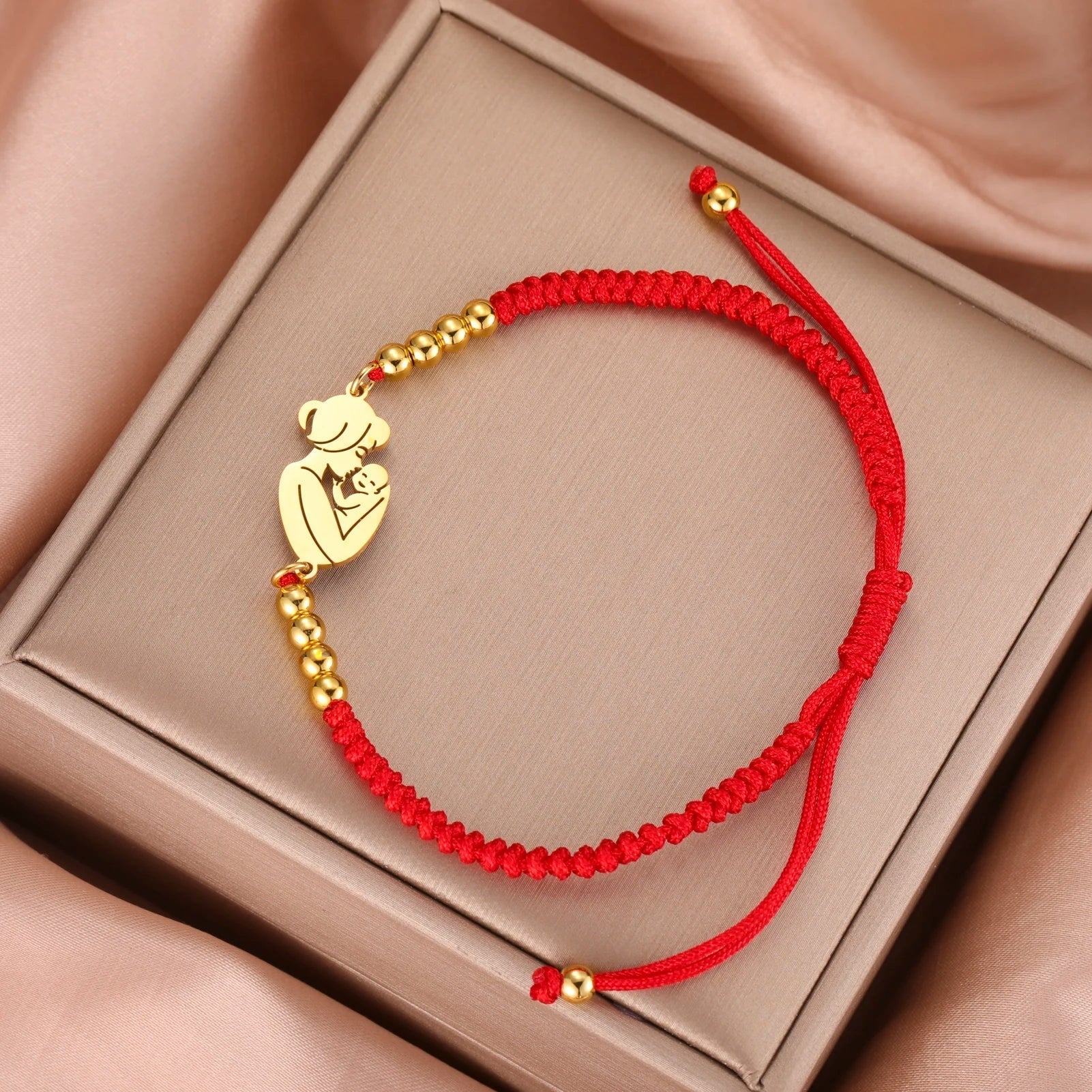 Gold Mother & Child Silhouette Bracelet – Adjustable Black Cord - Moederdag armbanden