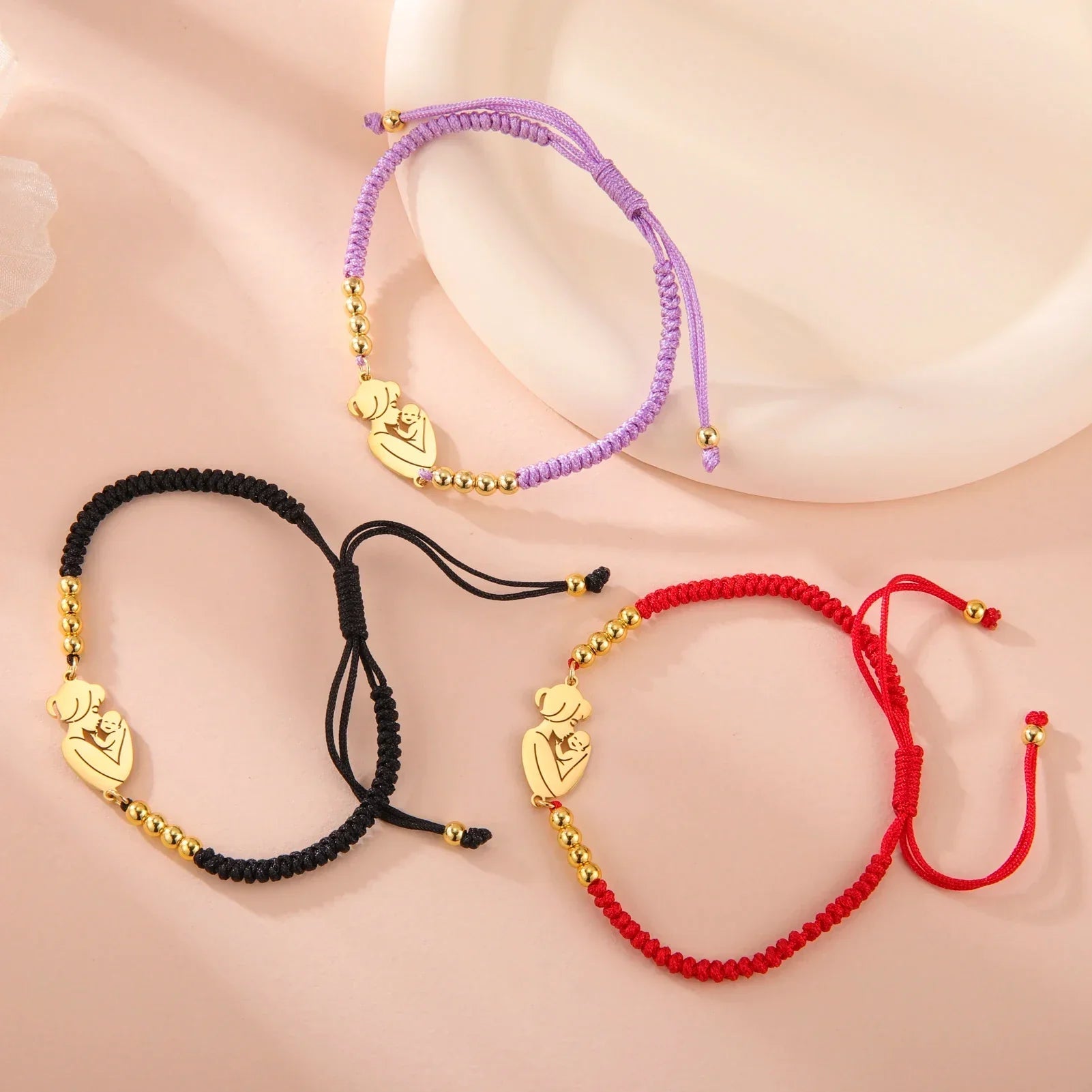 Gold Mother & Child Silhouette Bracelet – Adjustable Black Cord - Moederdag armbanden