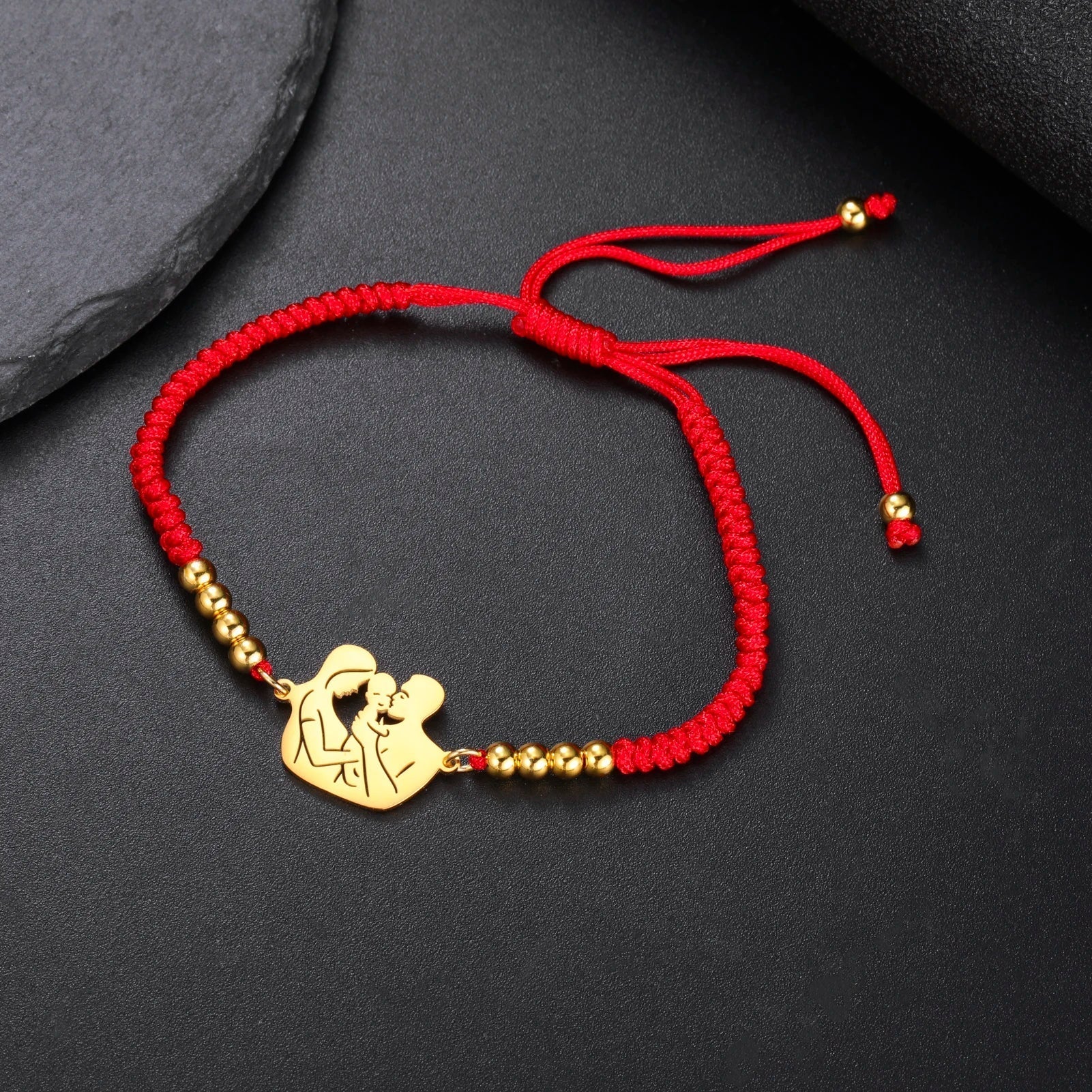 Gold Mother & Child Silhouette Bracelet – Adjustable Black Cord - Moederdag armbanden