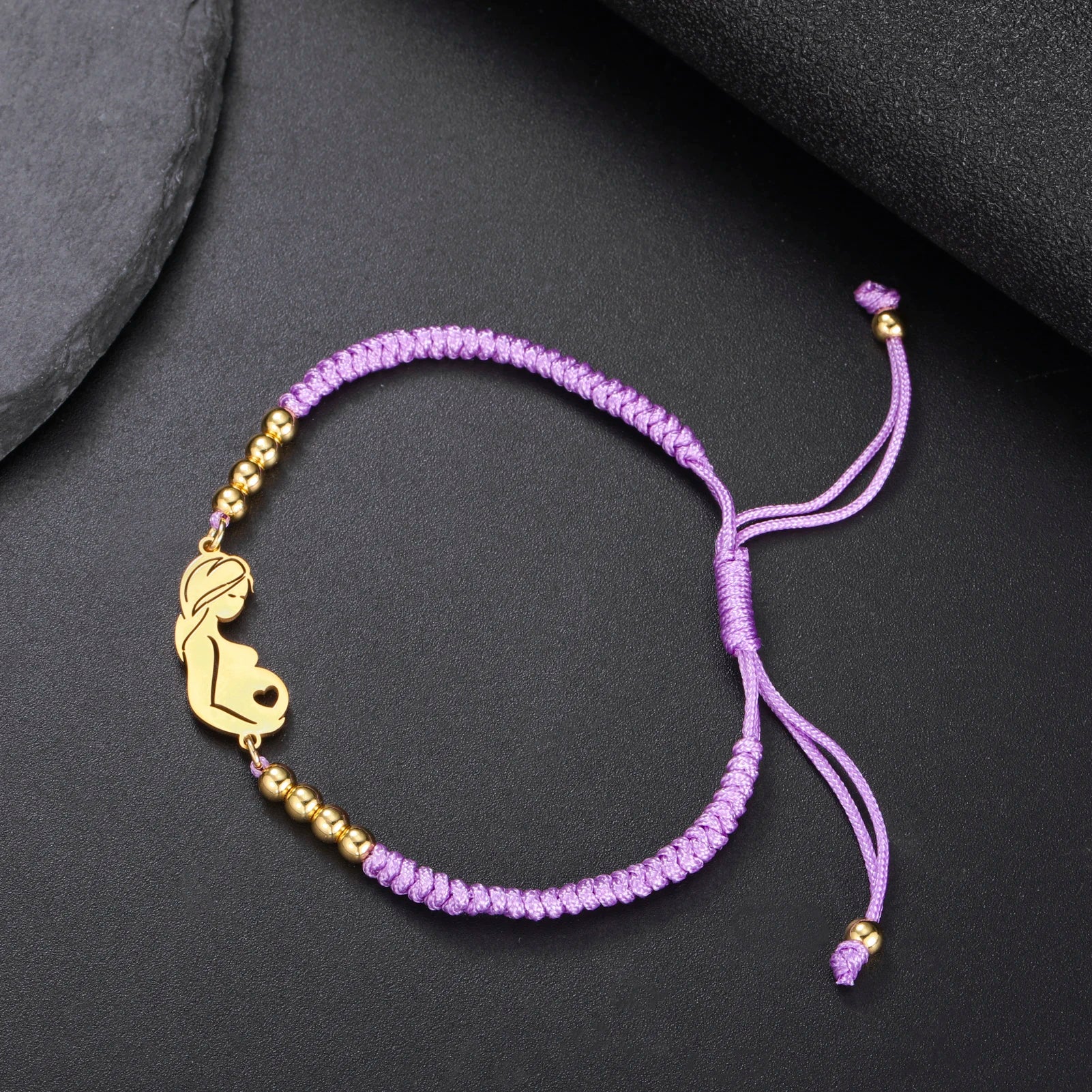 Gold Mother & Child Silhouette Bracelet – Adjustable Black Cord - Moederdag armbanden