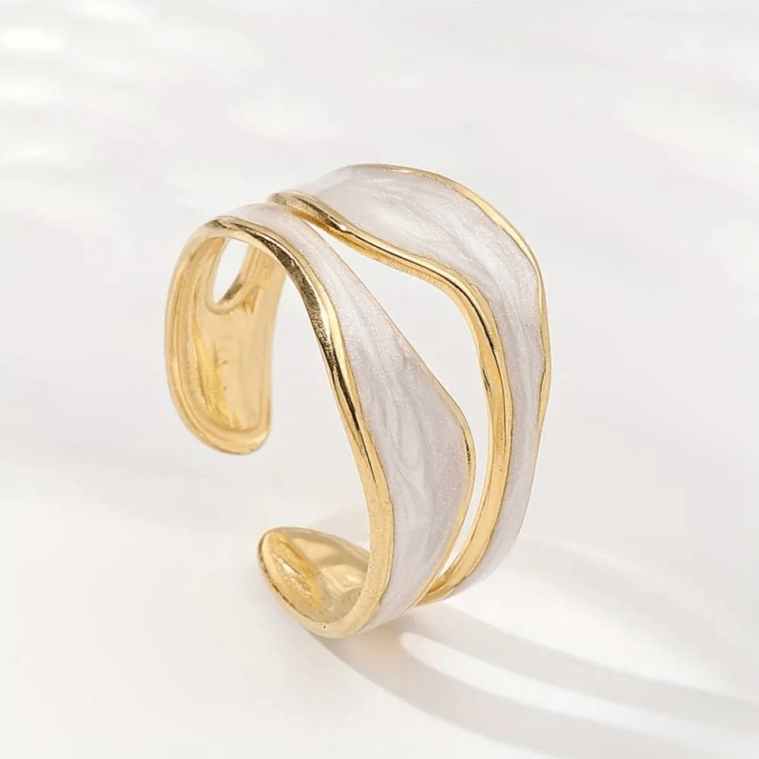 Gold Open Band Wave Ring with Pearl Enamel Inlay - Ring