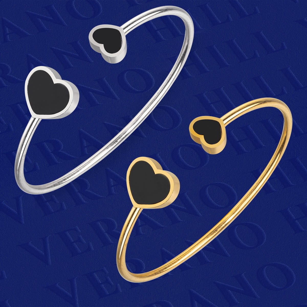 Gold Open Cuff Bracelet with Black Heart Accents - Bracelets