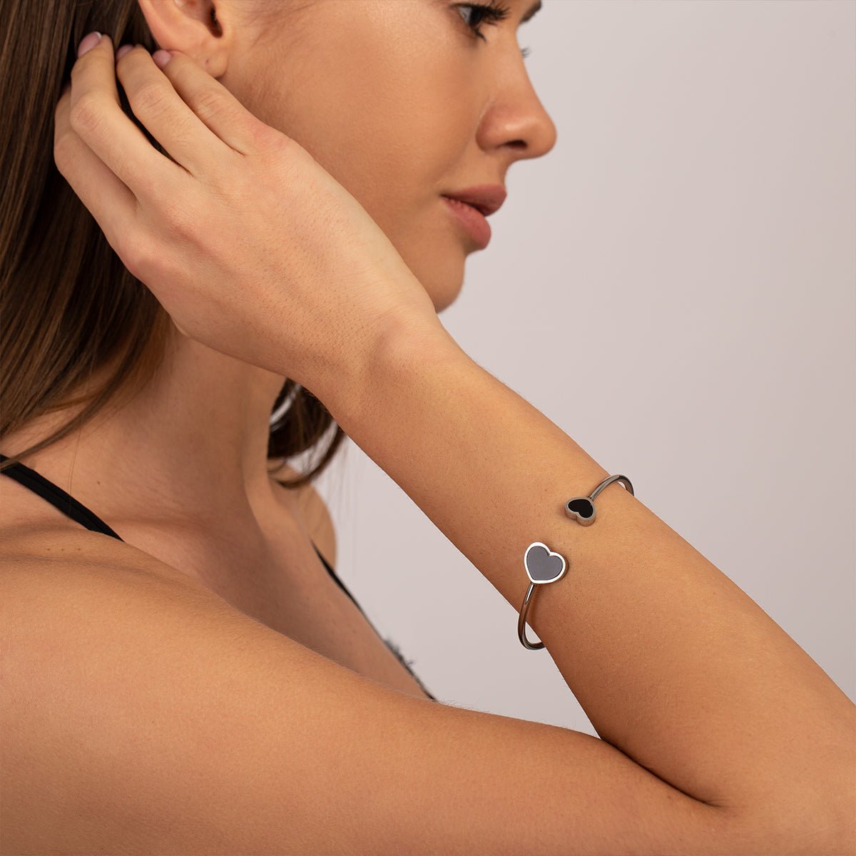 Gold Open Cuff Bracelet with Black Heart Accents - Bracelets