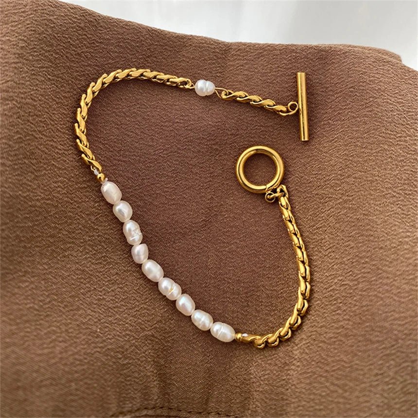Gold & Pearl Chain Bracelet – Elegant Mixed - Media Jewelry - Bracelets
