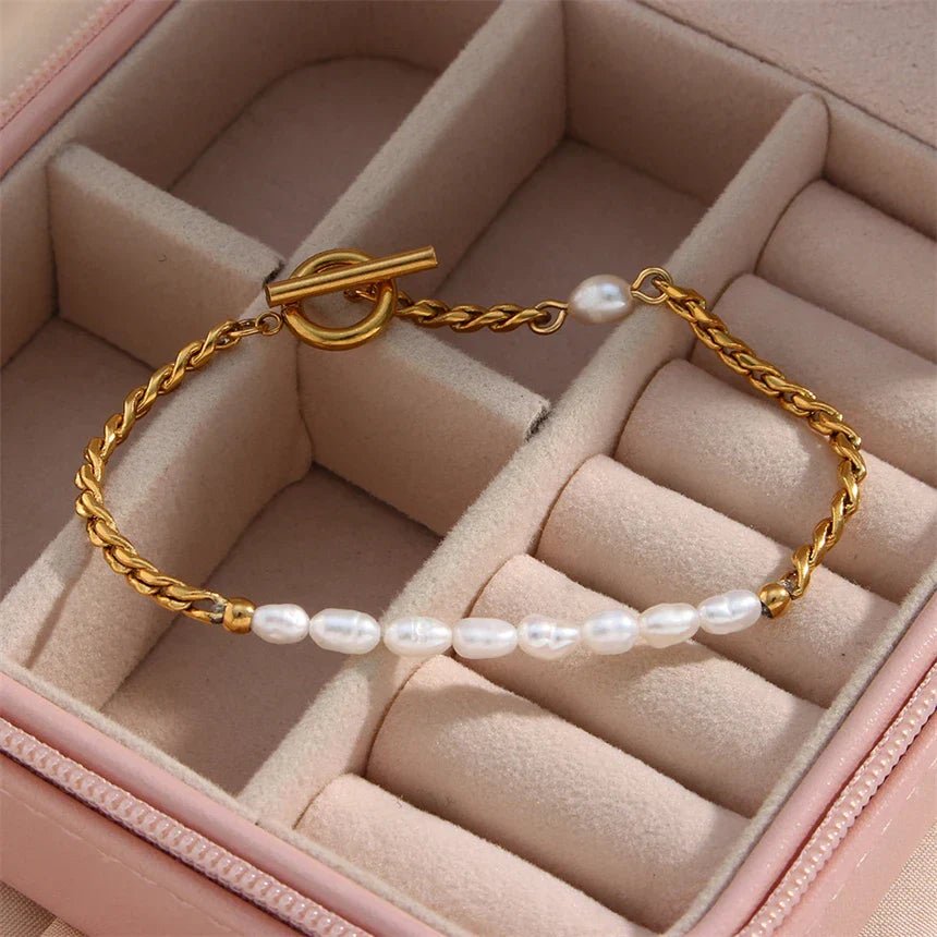 Gold & Pearl Chain Bracelet – Elegant Mixed - Media Jewelry - Bracelets