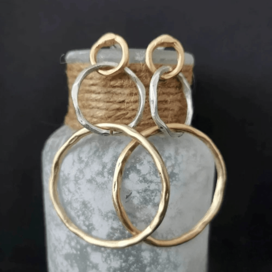 Hammered Mixed Metal Triple Hoop Dangle Earrings - Earrings