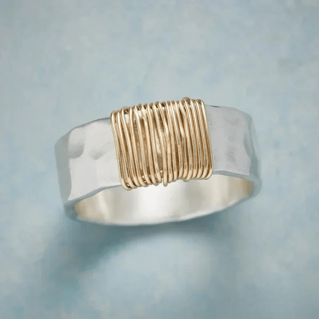 Hammered Silver Ring with Gold Wire Wrap - Ring