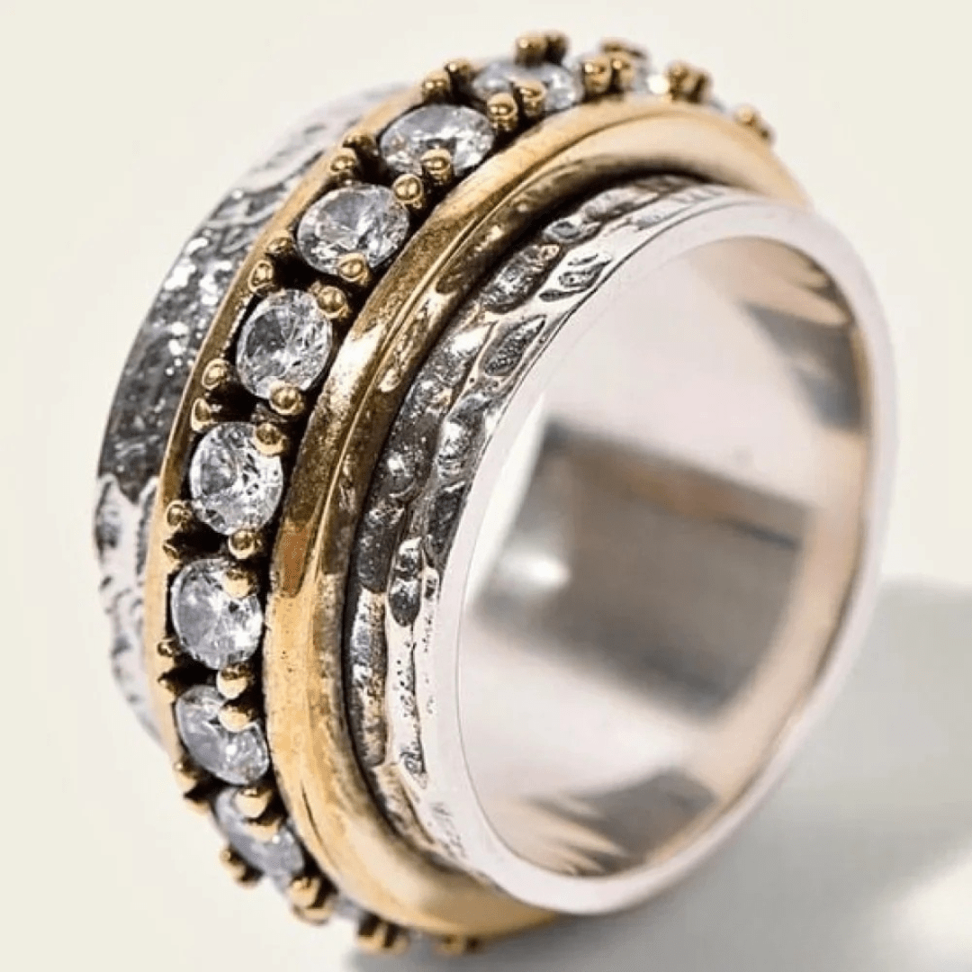 Hammered Silver Spinner Ring with Gold Band and CZ Accents - Ring