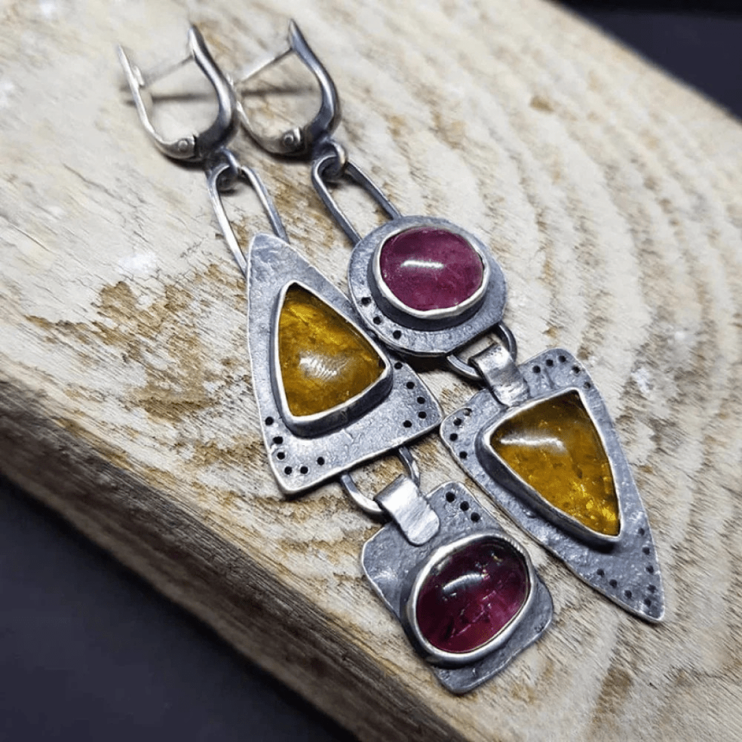 Handmade Geometric Drop Earrings with Mixed Gemstones - Earrings