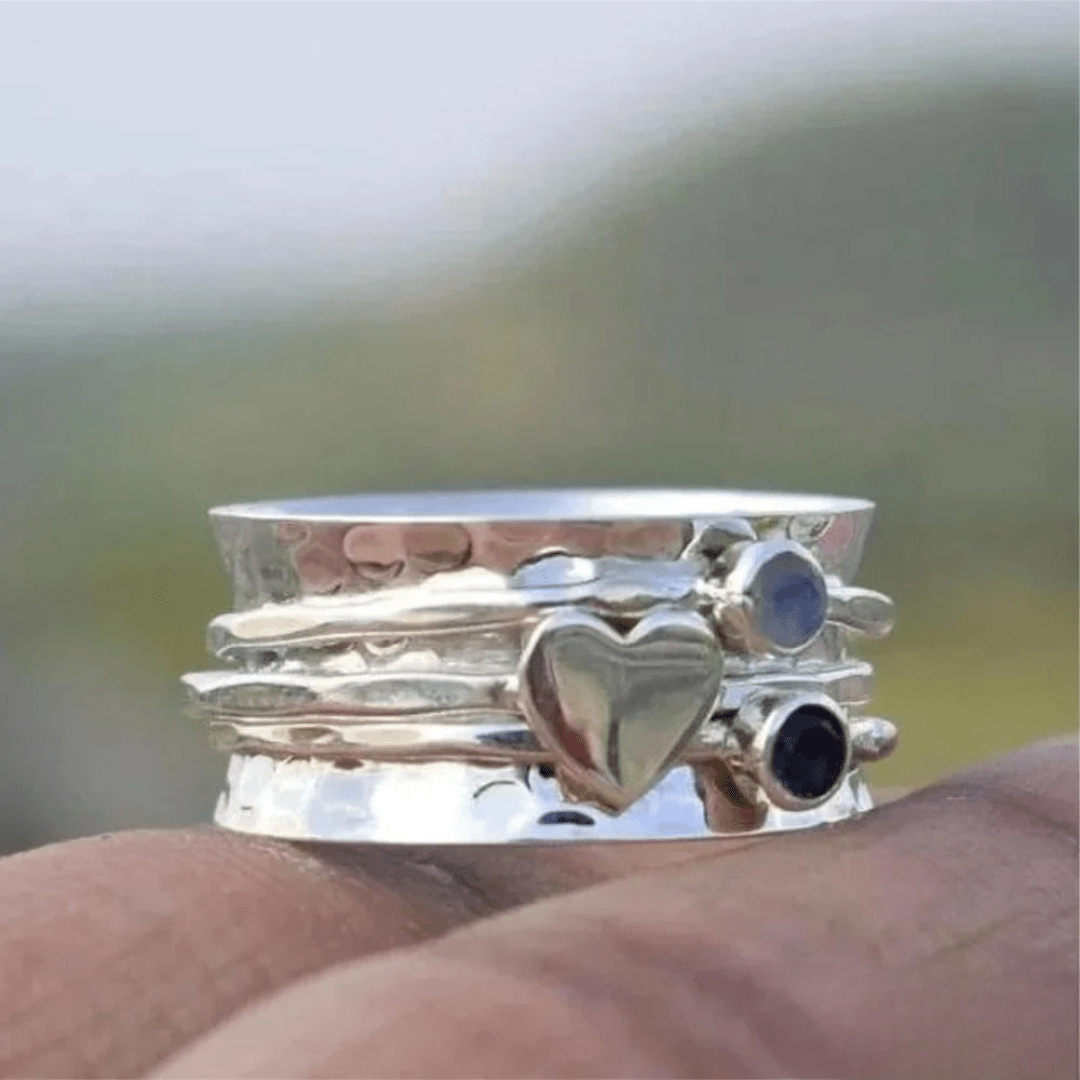 Handmade Silver Spinner Ring with Gold Heart and Gemstones - Ring
