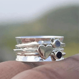 Handmade Silver Spinner Ring with Gold Heart and Gemstones - Ring