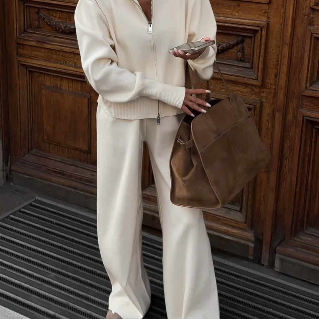 Knitted Zip Jacket & Wide - Leg Trousers Set - Effortless Comfort & Style - Women's Outfit Set