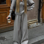 Knitted Zip Jacket & Wide - Leg Trousers Set - Effortless Comfort & Style - Women's Outfit Set