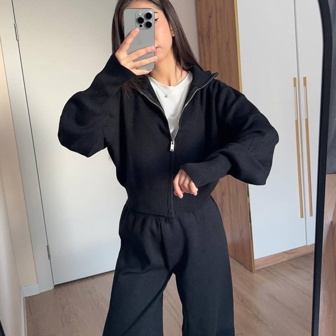 Knitted Zip Jacket & Wide - Leg Trousers Set - Effortless Comfort & Style - Women's Outfit Set