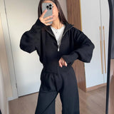 Knitted Zip Jacket & Wide - Leg Trousers Set - Effortless Comfort & Style - Women's Outfit Set