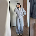 Knitted Zip Jacket & Wide - Leg Trousers Set - Effortless Comfort & Style - Women's Outfit Set