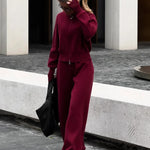 Knitted Zip Jacket & Wide - Leg Trousers Set - Effortless Comfort & Style - Women's Outfit Set