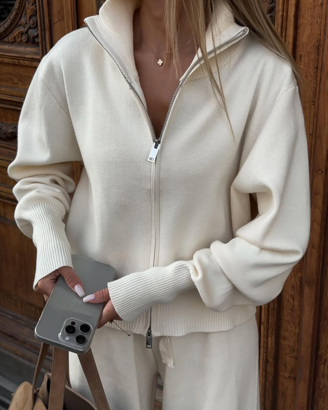 Knitted Zip Jacket & Wide - Leg Trousers Set - Effortless Comfort & Style - Women's Outfit Set