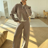 Knitted Zip Jacket & Wide - Leg Trousers Set - Effortless Comfort & Style - Women's Outfit Set