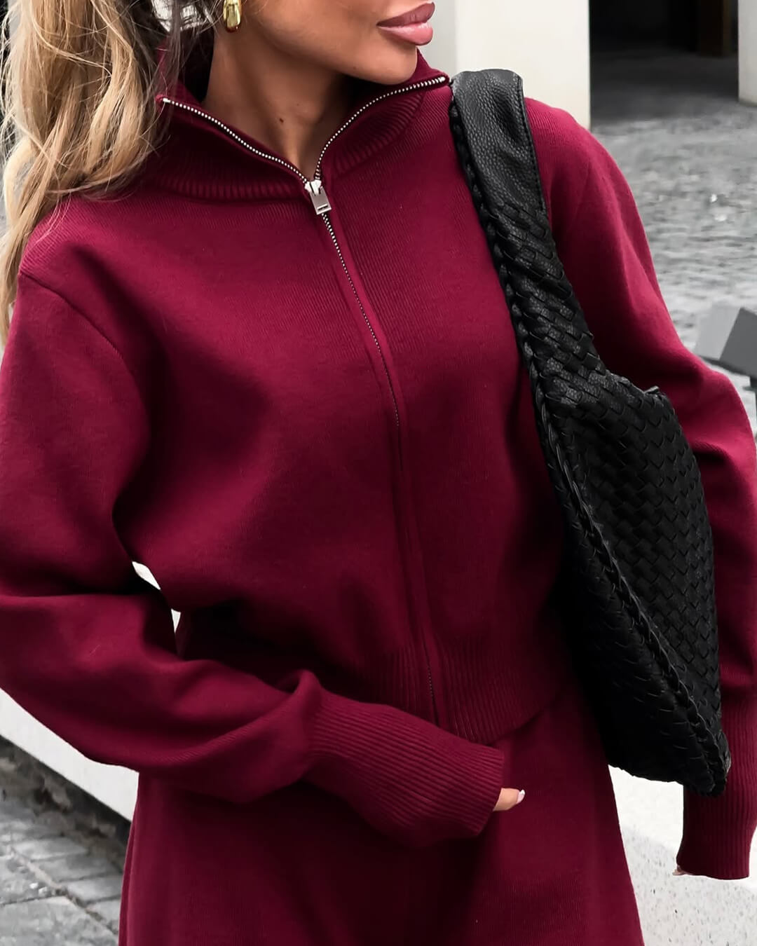 Knitted Zip Jacket & Wide - Leg Trousers Set - Effortless Comfort & Style - Women's Outfit Set