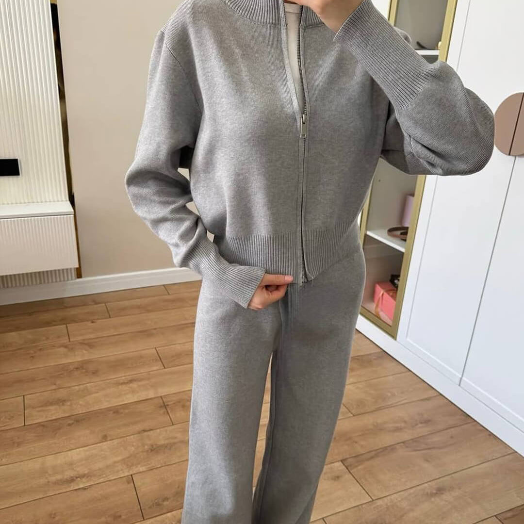 Knitted Zip Jacket & Wide - Leg Trousers Set - Effortless Comfort & Style - Women's Outfit Set