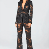 Lace Sheer Blazer & Flared Trouser Co - ord Set with Sequin Detail - Women's Outfit Set