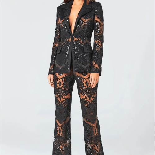 Lace Sheer Blazer & Flared Trouser Co - ord Set with Sequin Detail - Women's Outfit Set