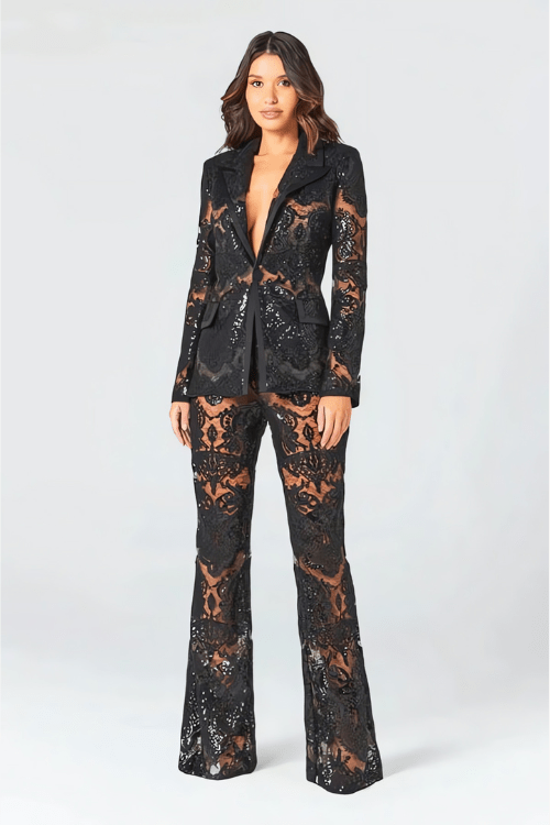 Lace Sheer Blazer & Flared Trouser Co - ord Set with Sequin Detail - Women's Outfit Set