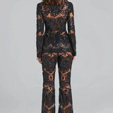 Lace Sheer Blazer & Flared Trouser Co - ord Set with Sequin Detail - Women's Outfit Set