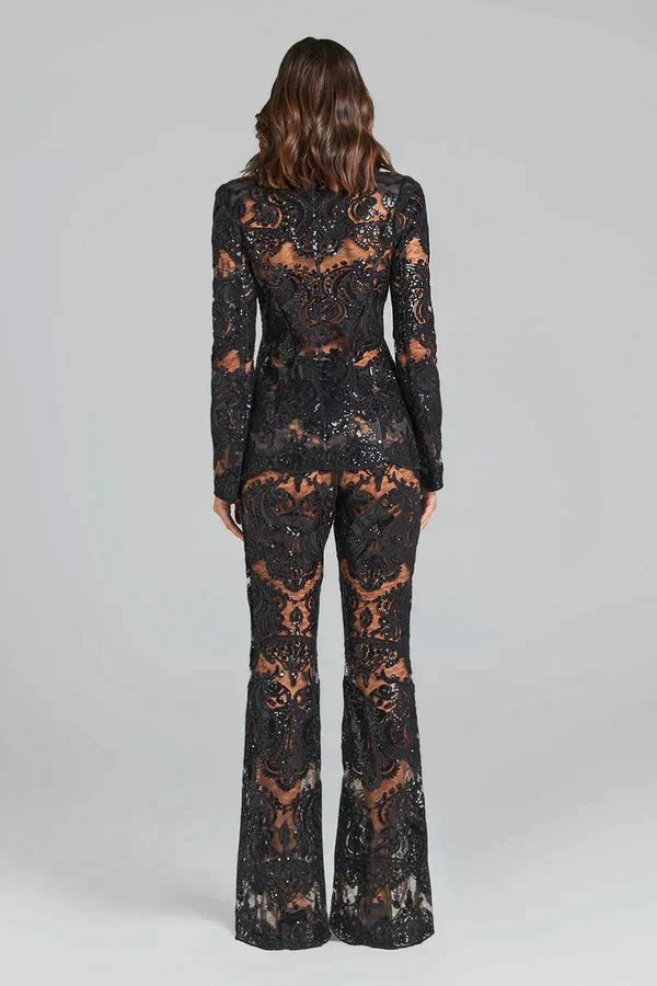 Lace Sheer Blazer & Flared Trouser Co - ord Set with Sequin Detail - Women's Outfit Set