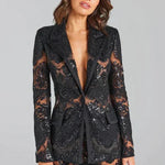 Lace Sheer Blazer & Flared Trouser Co - ord Set with Sequin Detail - Women's Outfit Set