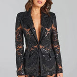 Lace Sheer Blazer & Flared Trouser Co - ord Set with Sequin Detail - Women's Outfit Set