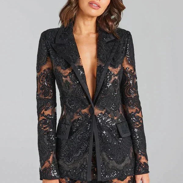 Lace Sheer Blazer & Flared Trouser Co - ord Set with Sequin Detail - Women's Outfit Set