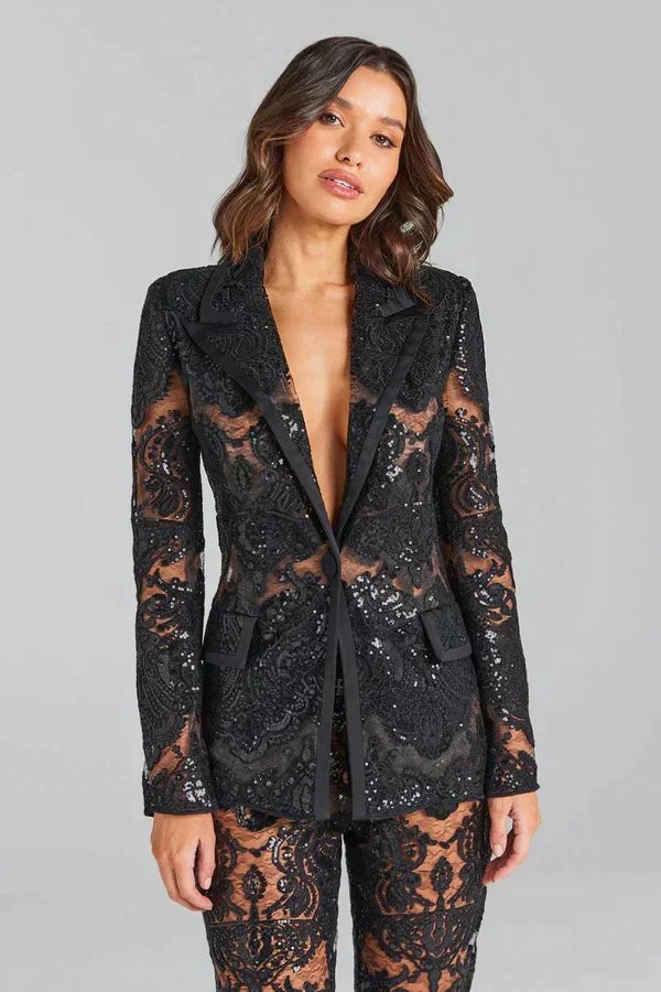 Lace Sheer Blazer & Flared Trouser Co - ord Set with Sequin Detail - Women's Outfit Set