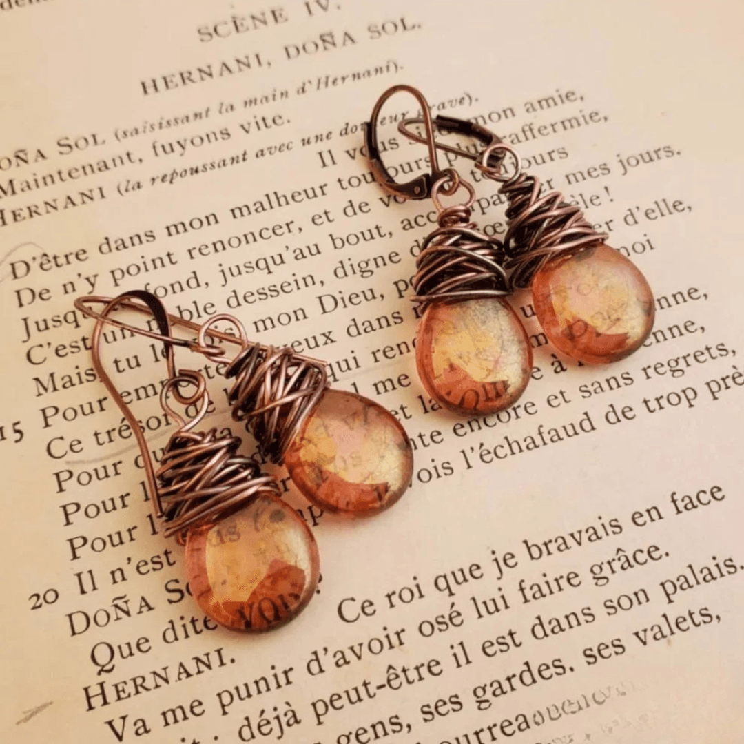Literary Glass Teardrop Earrings with Antiqued Copper Wire - Earrings