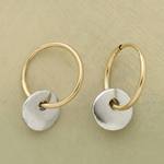 Minimal Gold Hoop Earrings with Brushed Silver Disc Charms - Earrings